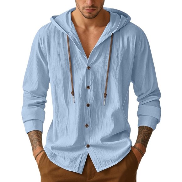 Men's Blue Cotton Linen Button Down Hoodies Long Sleeve Casual Hawaiian Beach